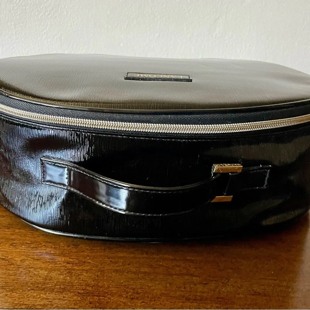 Lancome Paris Black Faux Leather Round Travel Cosmetic Bag Train Case - Picture 6 of 12
